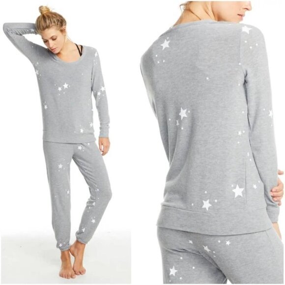 Chaser Stars Print Crewneck Long Sleeve Grey Pullover Sweatshirt NWT Size Small - Picture 1 of 15